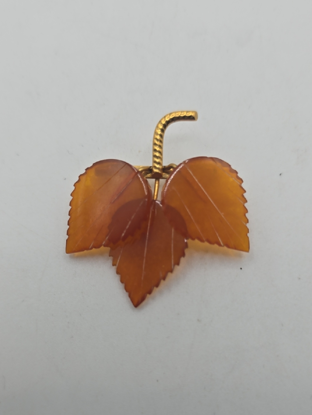 Vintage Russian Baltic Amber Leaf Brooch - Golden Stem
